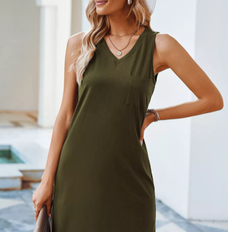 Army Green Chest Pocket Mini Tank Dress