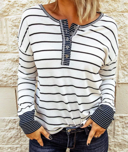 Striped Color Block Buttoned Waffle Knit Shirt