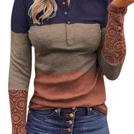 Color Block Lace Sleeve Splicing Long Sleeve Top