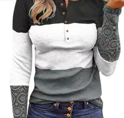 Color Block Lace Sleeve Splicing Long Sleeve Top