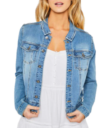 DISTRESSED BUTTON UP STRETCHY COTTON DENIM JACKET