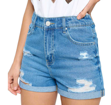 HIGH RISE RIPPED HEM DENIM SHORTS