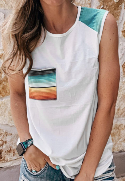 White Casual Aztec Pocket Shoulder Tank Top