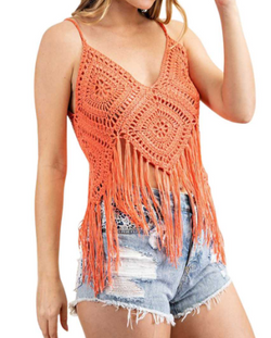 CROCHET LACE FRINGE CAMI SWEATER TOP