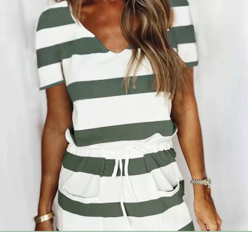 Stripe Drawstring V-neck Short Sleeve Dress with Pockets Green