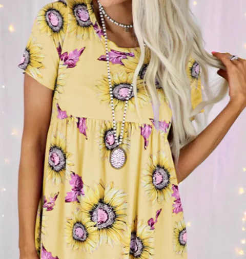 Sunflower Print O-neck Short Sleeve Mini Dress