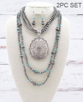Grey Beads with Turquoise and Silver Concho Necklace & Earrings