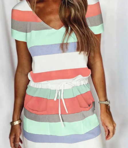 Stripe Drawstring V-neck Short Sleeve Dress with Pockets