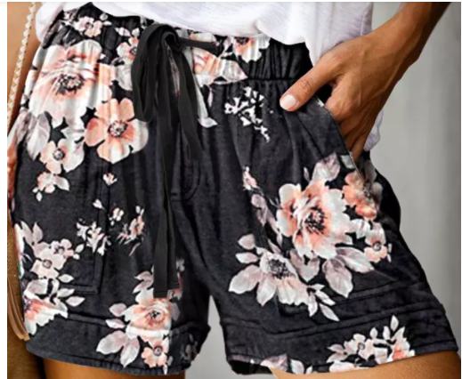 Black Floral Print Drawstring Casual Elastic Waist Pocketed Shorts