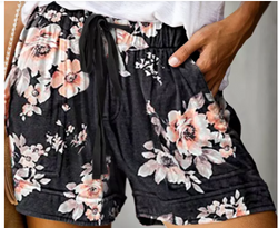 Black Floral Print Drawstring Casual Elastic Waist Pocketed Shorts