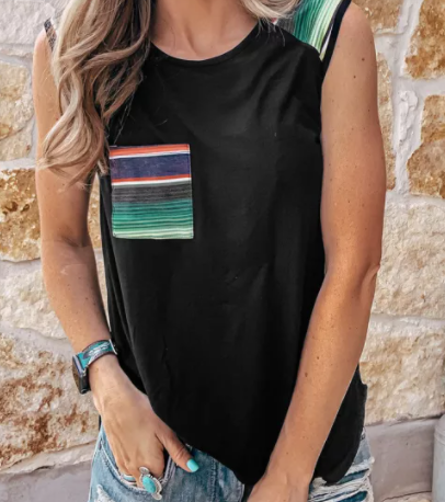 Black Aztec Pocket Shoulder Tank Top