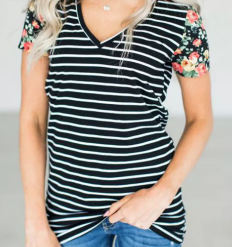 Floral Sleeves Striped T-shirt