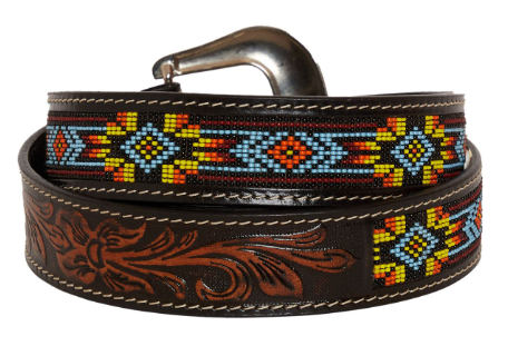 POLYCHROME HAND-TOOLED BEADED LEATHER BELT