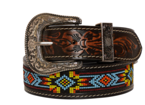 POLYCHROME HAND-TOOLED BEADED LEATHER BELT