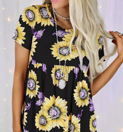 Sunflower Print O-neck Short Sleeve Mini Dress
