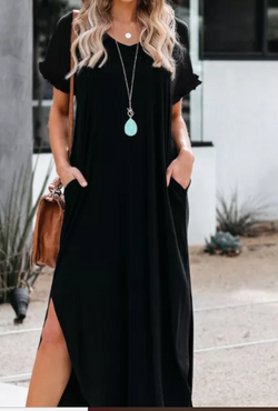 Black Loose Fit Cotton Blend V Neck Maxi Dress with Slits