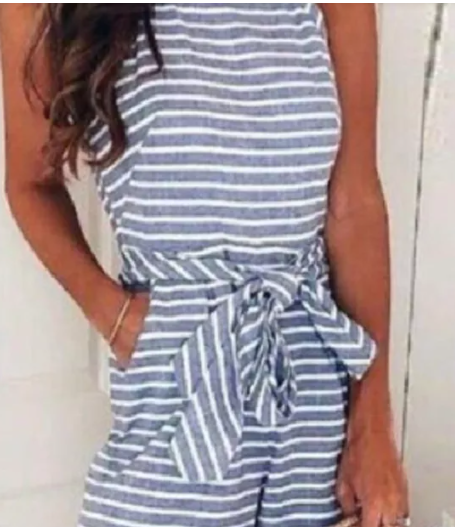 Gray Striped O-Neck Tie Skinny Jumpsuit