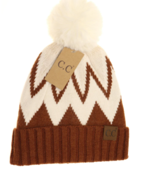 Chevron Beanie with Faux Fur Pom