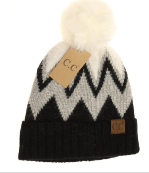 Chevron Beanie with Faux Fur Pom