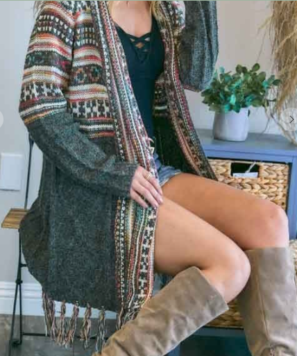 PLUS SIZE FRINGE HEM TRIBAL SWEATER CARDIGAN