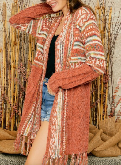 FRINGE HEM TRIBAL SWEATER CARDIGAN