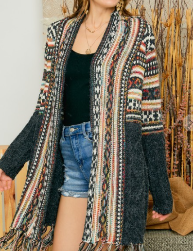 FRINGE HEM TRIBAL SWEATER CARDIGAN