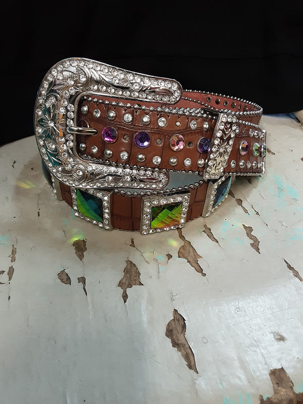 Brown Leather Belt with Multicolored Rhinestones
