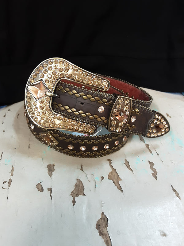 Brown Leather Belt with Amber and Gold Rhinestones