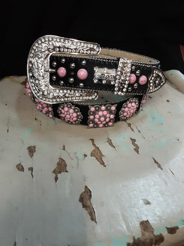Black Cowhide Belt with Pink Gems and Rhinestones