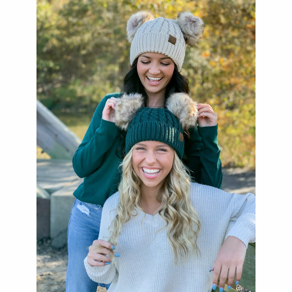 Cable Knit Double Pom Beanie HAT