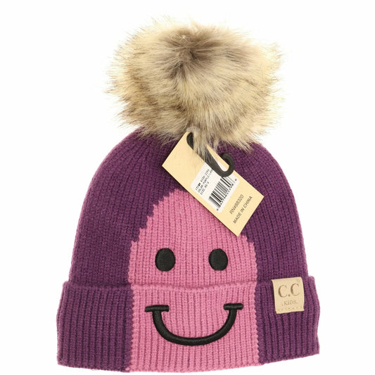 Kids Smiling Lined Fur Pom CC Beanie KIDS2296