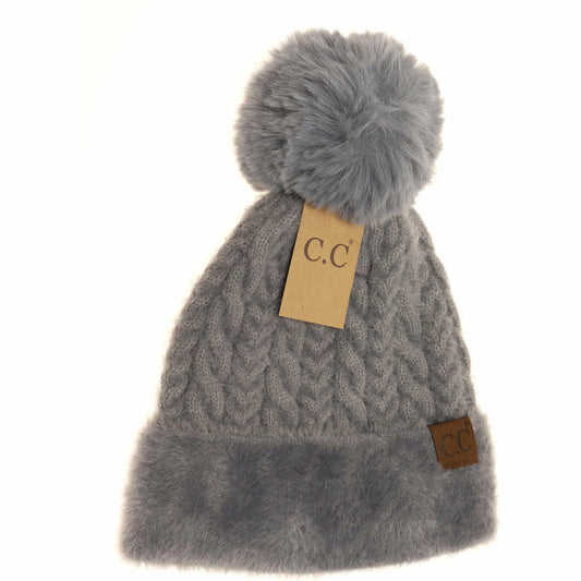 Cable Knit Faux Fur Pom and Cuff Beanie HAT3626