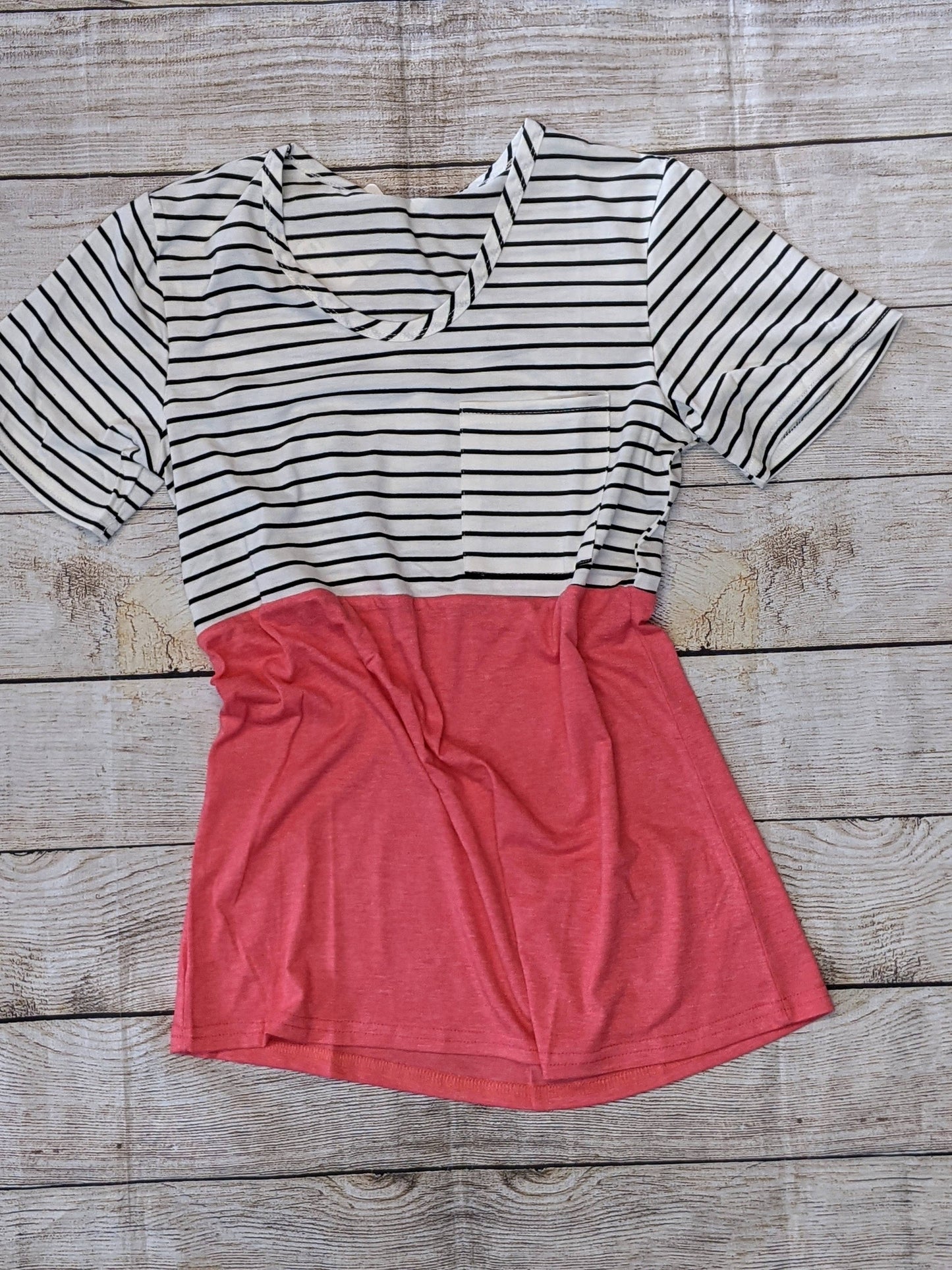 Pink Stripe Splicing Pocketed Short Sleeve Top