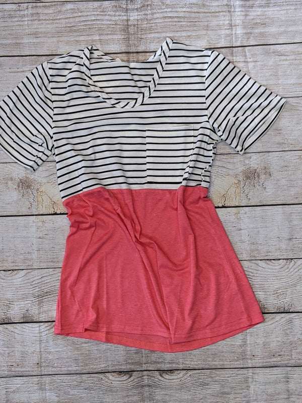 Pink Stripe Splicing Pocketed Short Sleeve Top