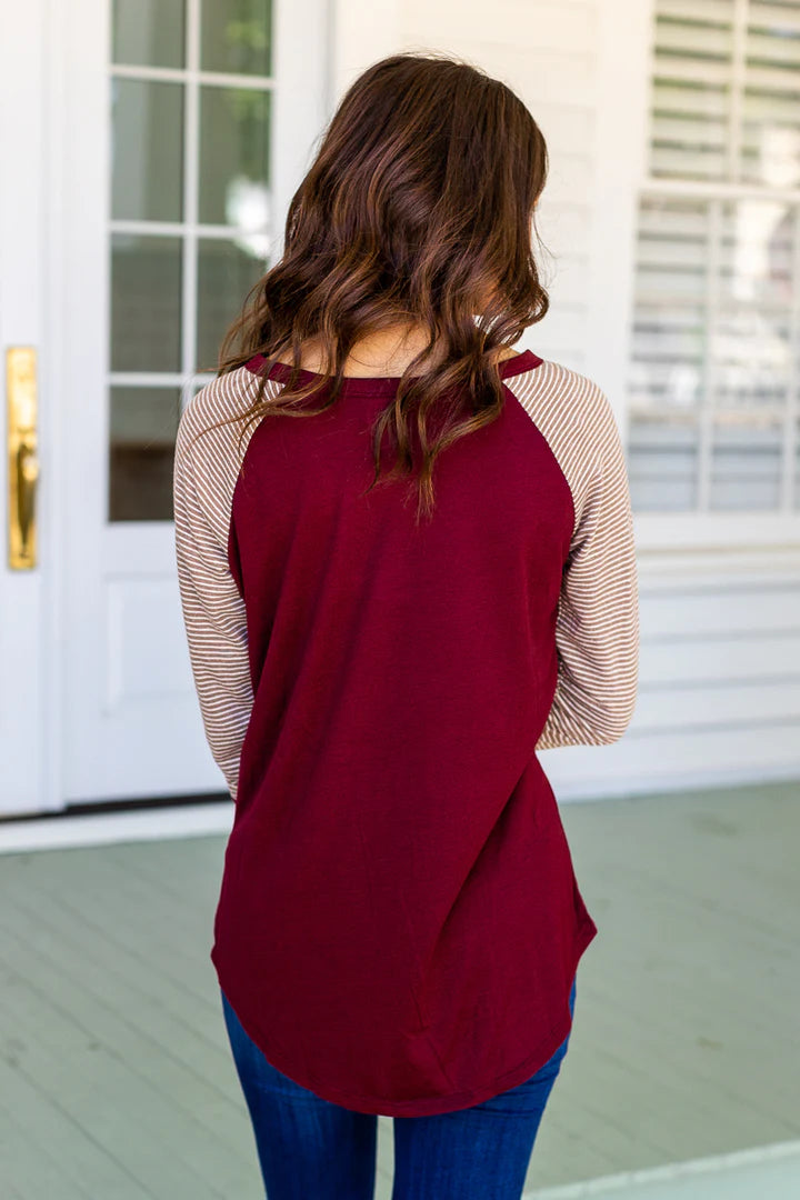 BLANK RAGLAN: MAROON BODY WITH TAUPE STRIPED SLEEVES & MAROON RINGER