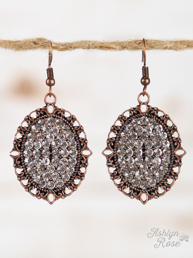 Ornate Oval Earrings with Clear Crystal Accents, Copper