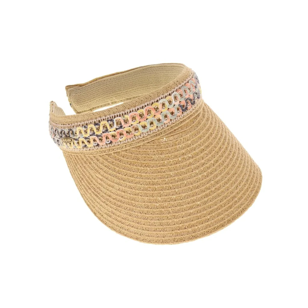 Colorful Cutout Faux Leather Band C.C Straw Sun Visor