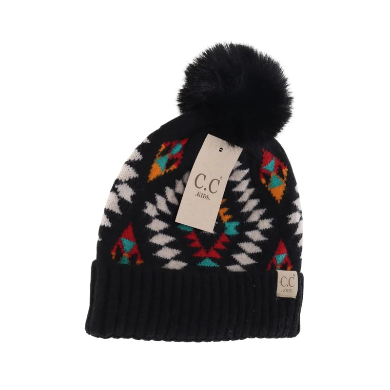 KIDS Aztec Patterned Faux Fur Pom C.C Beanie