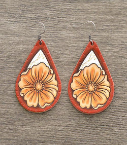 Leather Sunflower Tear Drop Earrings