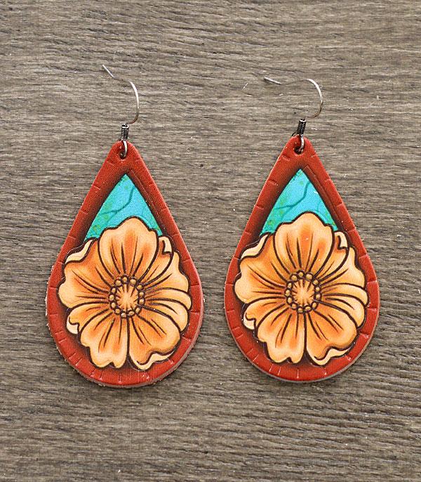 Leather Sunflower Tear Drop Earrings