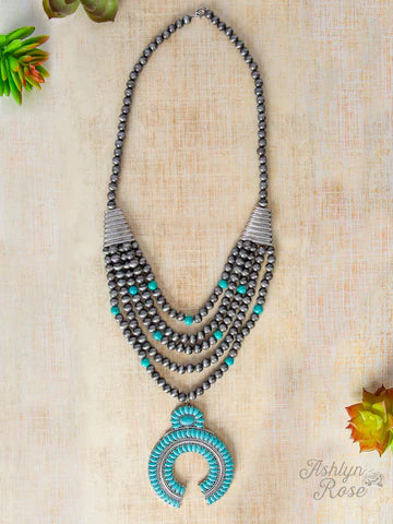HEY Y'ALL SQUASH BLOSSOM NECKLACE, SILVER AND TURQUOISE
