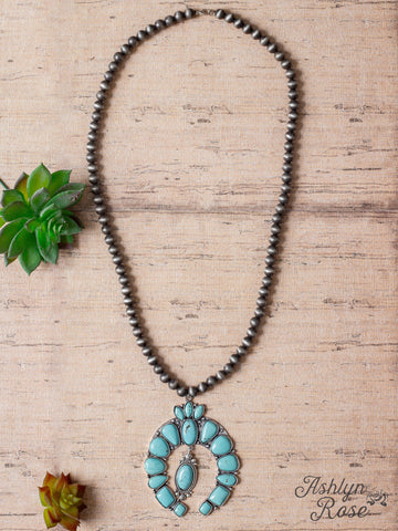 TALK OF THE TOWN TURQUOISE SQUASH BLOSSOM PENDANT NAVAJO PEARLS NECKLACE