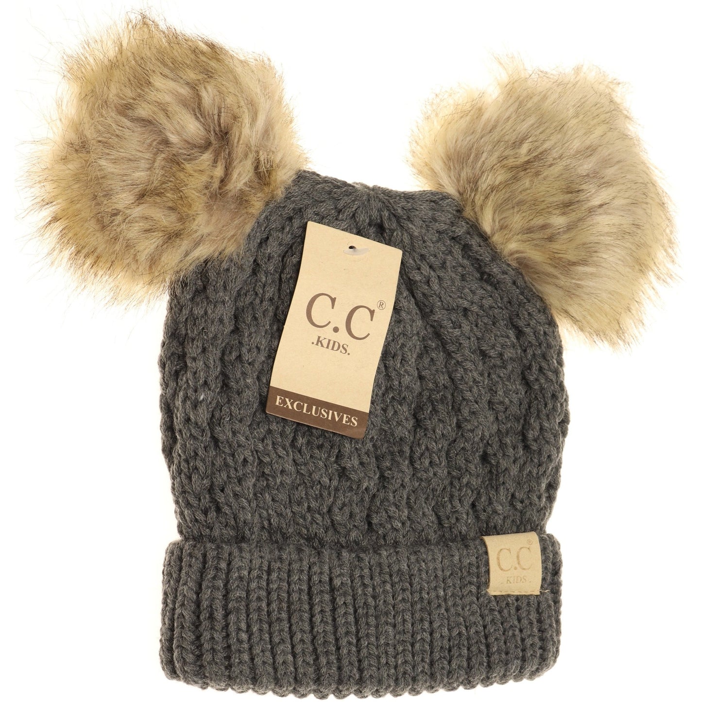 C.C. Kids Cable Knit Double Fur Pom Beanie