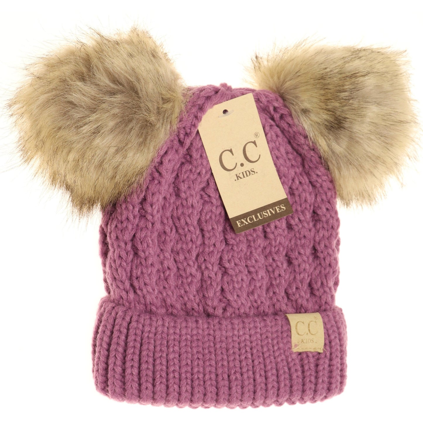 C.C. Kids Cable Knit Double Fur Pom Beanie