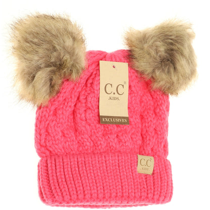 C.C. Kids Cable Knit Double Fur Pom Beanie