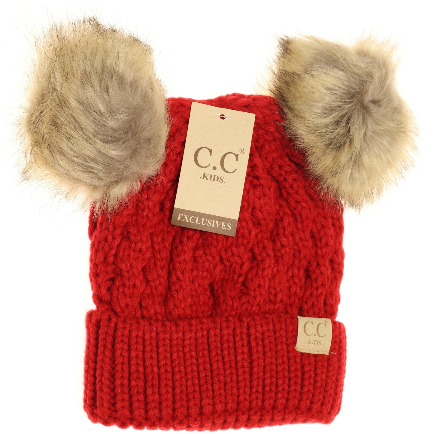 C.C. Kids Cable Knit Double Fur Pom Beanie