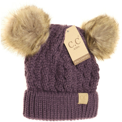 C.C. Kids Cable Knit Double Fur Pom Beanie