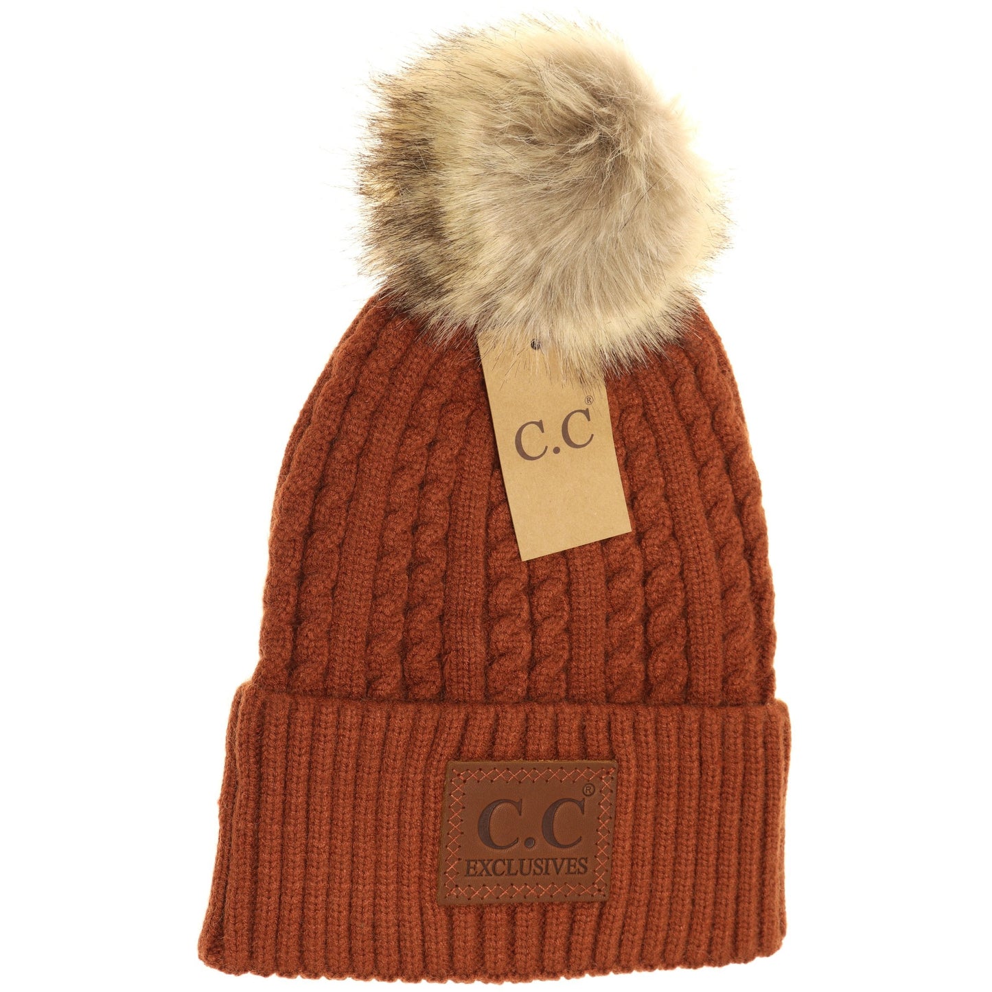 C.C. Double Braided Knit Fur Pom Beanie