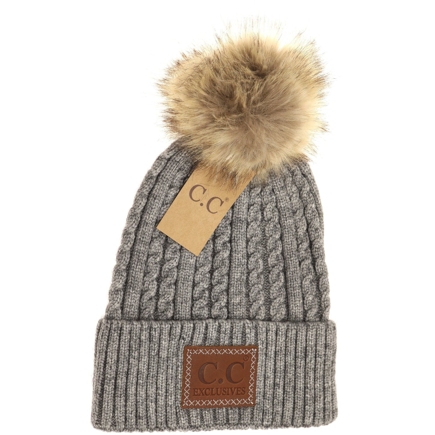 C.C. Double Braided Knit Fur Pom Beanie