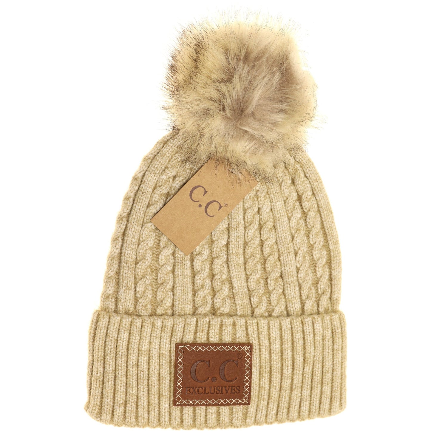 C.C. Double Braided Knit Fur Pom Beanie